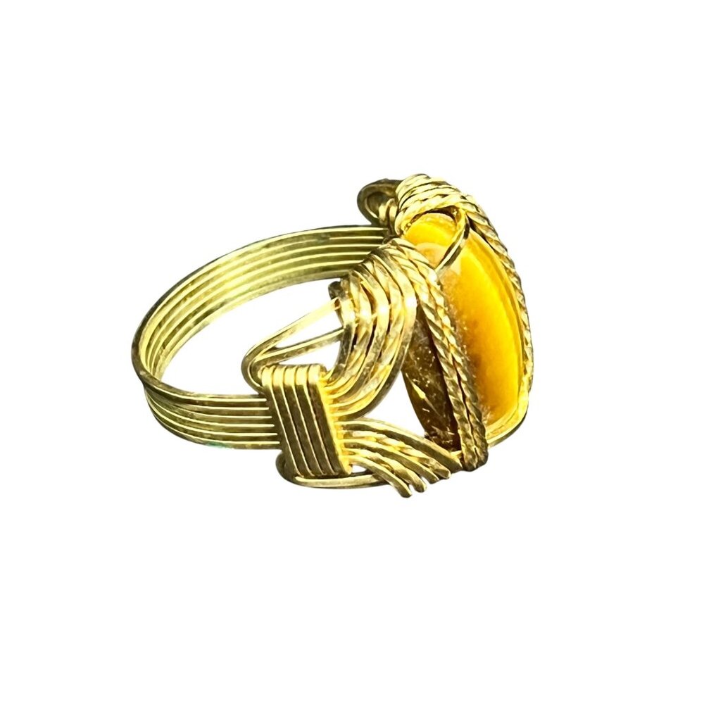 Vintage Gold Filled Wire Wrapped Tigers Eye Cabochon Men's Ring (R220-1) - Picture 2 of 13